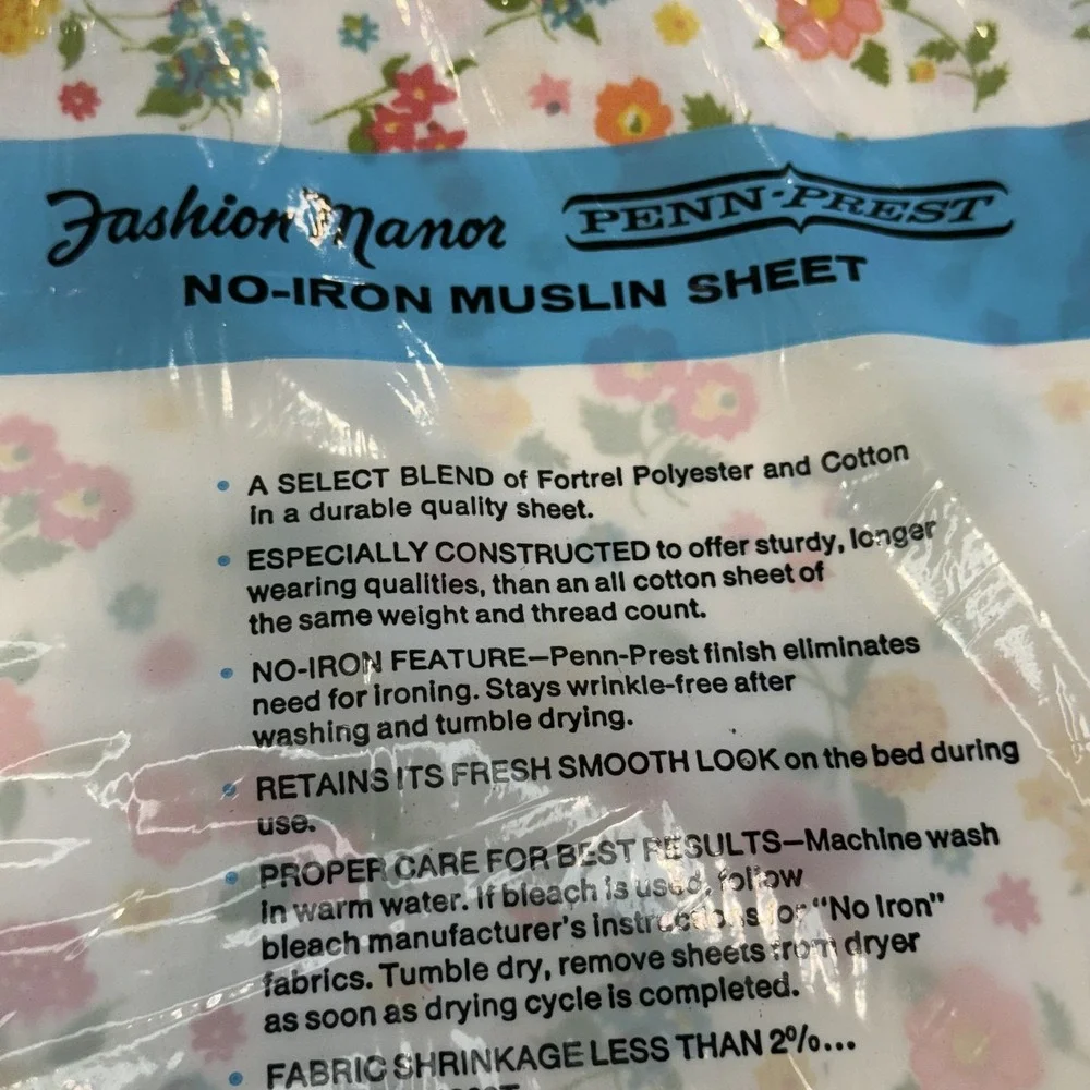 Vintage Penneys Fashion Manor Twin Bed Sheet Floral No-Iron Muslin 72x104‎ New